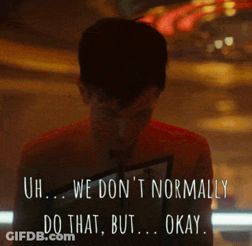 Man In Red Shirt Says Uh We Don't Normally Do That But Okay GIF