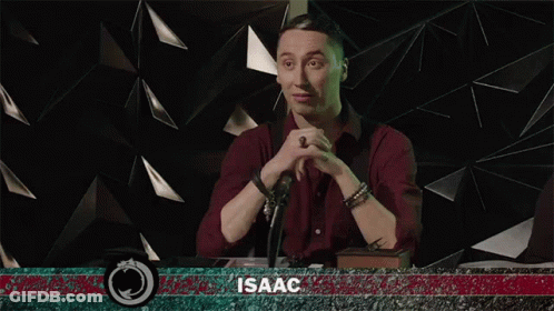 Man In Red Shirt Smiling At Microphone With Name Isaac GIF
