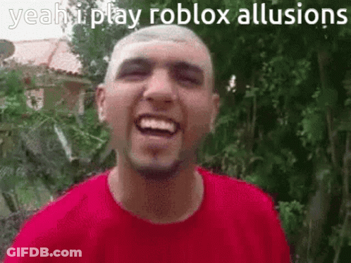 Man In Red Shirt Smiling With Yeah I Play Roblox Allusions GIF