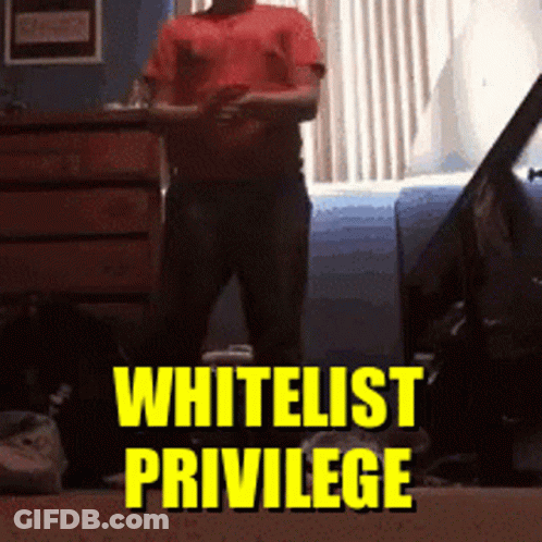 Man In Red Shirt Standing In Front Of Whitelist Privilege Sign GIF