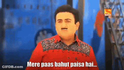 Man In Red Shirt With Mustache Says Mere Paas Bahut Paisa Hai GIF