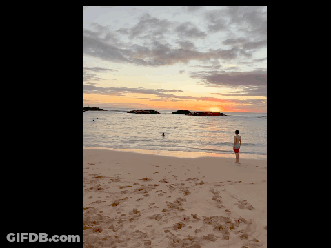 Man In Red Shorts Watching Sunset On Beach GIF