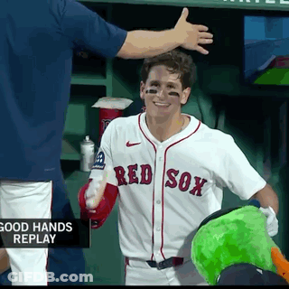 Man In Red Sox Jersey Being Hugged By Mascot GIF