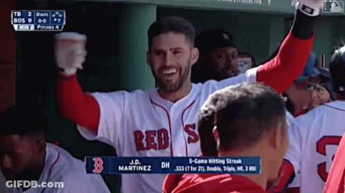 Man In Red Sox Jersey Holding Up Arms GIF