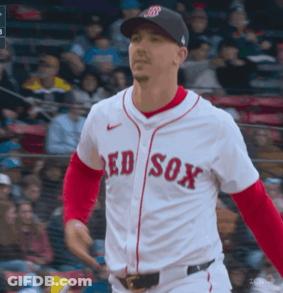 Man In Red Sox Jersey In Front Of Crowd GIF