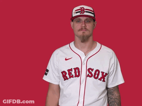 Man In Red Sox Jersey Pointing Up GIF