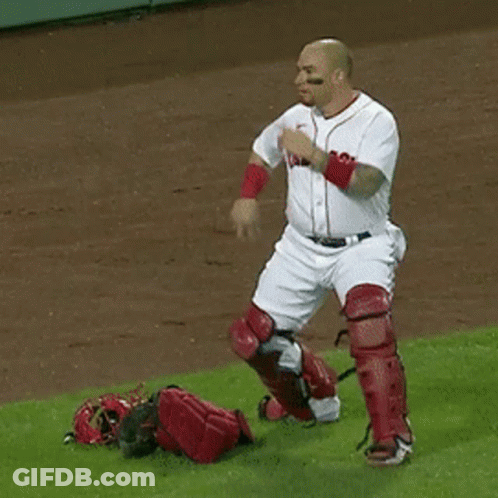 Man In Red Sox Jersey Pointing Up GIF