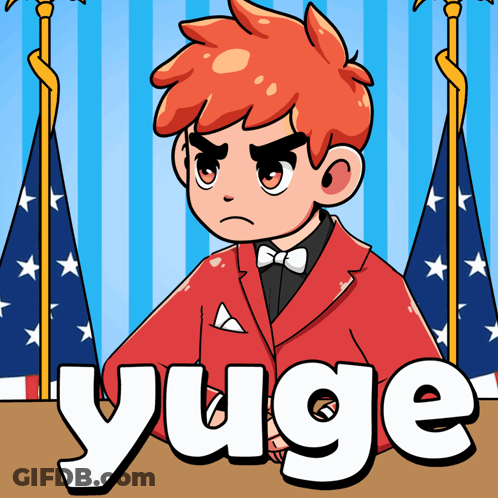 Man In Red Suit And Bow Tie Saying Yuge GIF