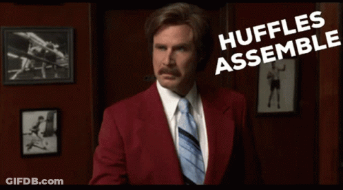 Man In Red Suit And Tie Saying Huffles Assemble GIF
