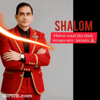 Man In Red Suit Arms Crossed In Front Of Shalom Sign GIF