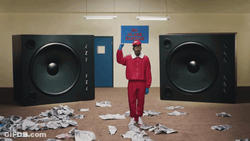 Man In Red Suit Before No Glass Objects Sign GIF