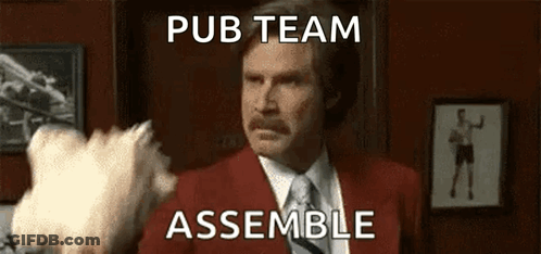 Man In Red Suit Holding Cotton Ball Saying Pub Team Assemble GIF