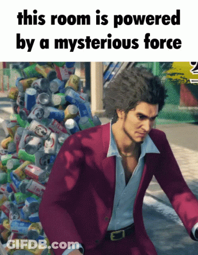 Man In Red Suit In Front Of Cans Saying This Room Is Powered GIF