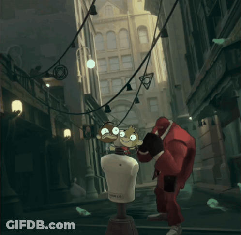 Man In Red Suit Running Down Street With Cartoon Character Holding Newspaper GIF
