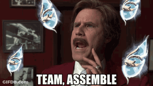 Man In Red Suit Says Team Assemble With Blue Wings GIF