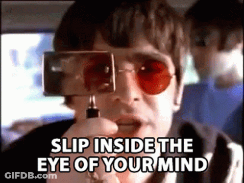 Man In Red Sunglasses Holding Camera Saying Slip Inside The Eye Of Your Mind GIF