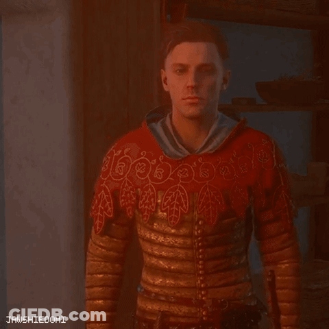 Man In Red Sweater And Gold Sleeves Standing GIF