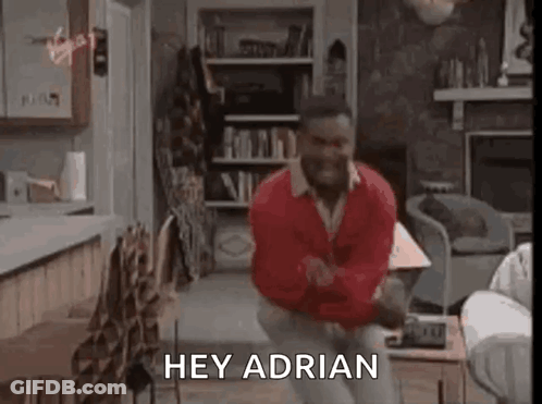 Man In Red Sweater Dancing Saying Hey Adrian GIF