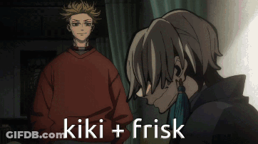 Man In Red Sweater Next To Man With Kiki + Frisk GIF