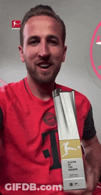Man In Red T-Shirt Holding Player Of The Season Trophy GIF