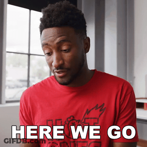 Man In Red T-Shirt Says Here We Go GIF