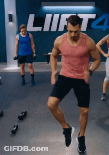 Man In Red Tank Top Jumping Lift 4 GIF