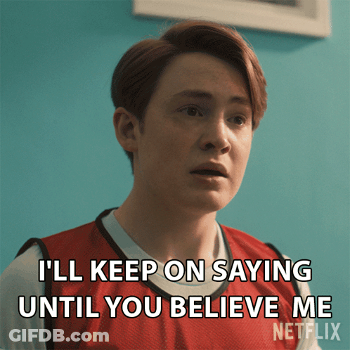 Man In Red Vest Saying I'll Keep On Saying Until You Believe Me GIF
