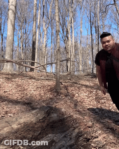 Man In Red Vest Standing In Woods GIF