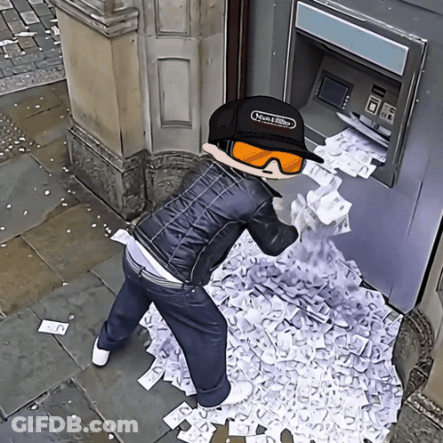 Man In Rich & Ritzy Hat With Money Pile GIF