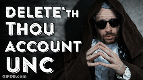 Man In Robe And Sunglasses In Front Of Delete Account Sign GIF