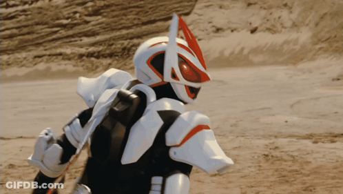 Man In Robot Costume Holding Sword GIF