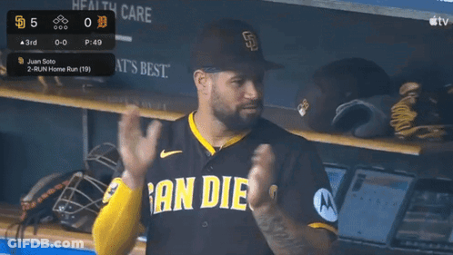 Man In San Diego Baseball Uniform In Dugout GIF