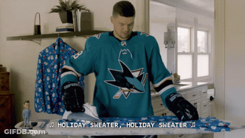 Man In San Jose Sharks Jersey Ironing Sweater GIF