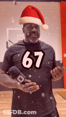 Man In Santa Hat And 67 Shirt GIF