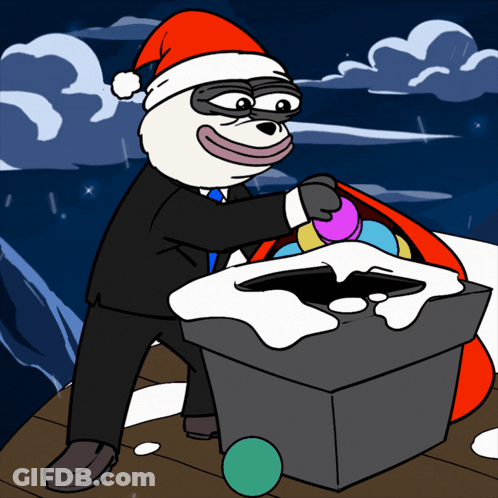 Man In Santa Hat Decorating Chimney With Balls GIF
