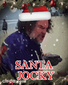 Man In Santa Hat Holding Coal Santa Jockey GIF