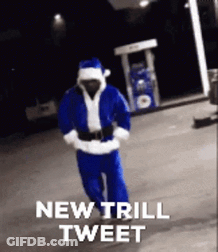 Man In Santa Suit Walking Past Gas Pump Saying New Trill Tweet GIF