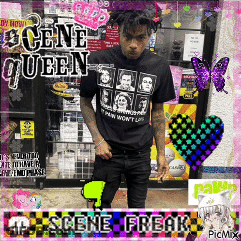 Man In Scene Queen Shirt Standing In Front Of Store GIF