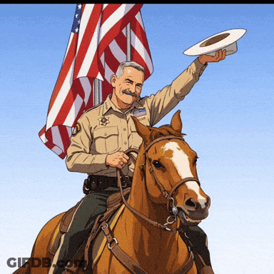 Man In Sheriff's Uniform Riding Horse Holding American Flag GIF