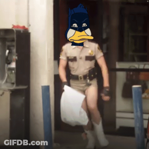 Man In Sheriff Uniform With Duck Mask GIF