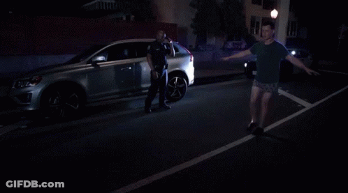 Man In Shorts Standing In Front Of Police Car At Night GIF