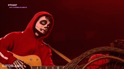 Man In Skeleton Costume Playing Guitar On Stage GIF