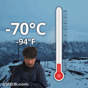 Man In Snowy Mountain With Thermometer -94 Degrees GIF