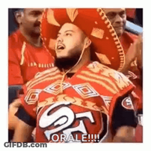Man In Sombrero And 49Ers Jersey Sitting In Stadium GIF