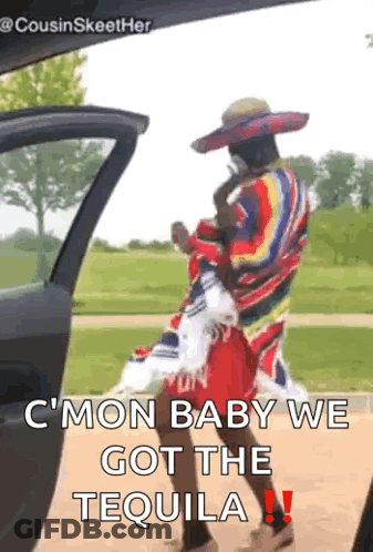 Man In Sombrero Holding Child Saying Tequila GIF