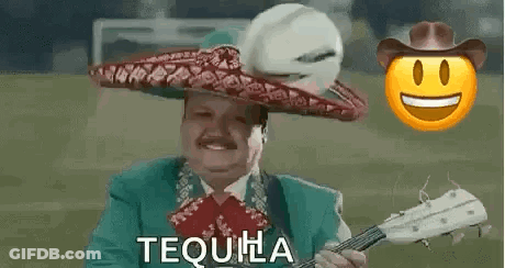 Man In Sombrero Playing Guitar And Holding Soccer Ball GIF