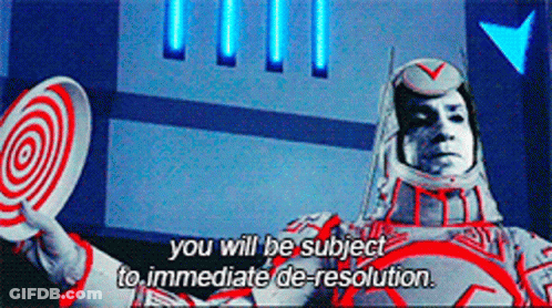 Man In Space Suit Holding Target Says You Will Be Subject To Immediate De-Resolution GIF
