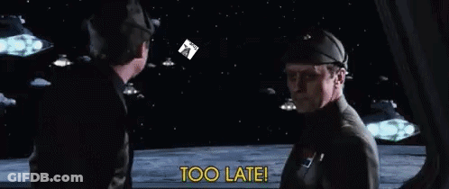 Man In Spaceship Says Too Late While Man Thrown In Air GIF