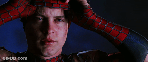 Man In Spiderman Costume Hands On Head GIF