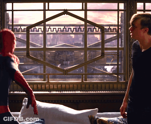 Man In Spiderman Costume In Front Of Large Window GIF